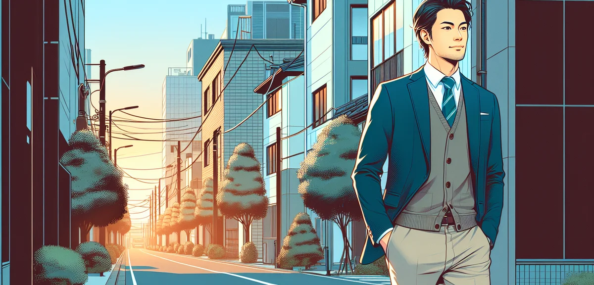 A man in business casual walking through a quiet Japanese suburban street with small company buildin