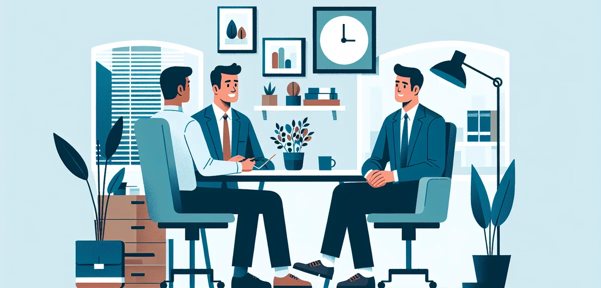 Two men having a conversation at an office desk during a job interview, relaxed but professional atm