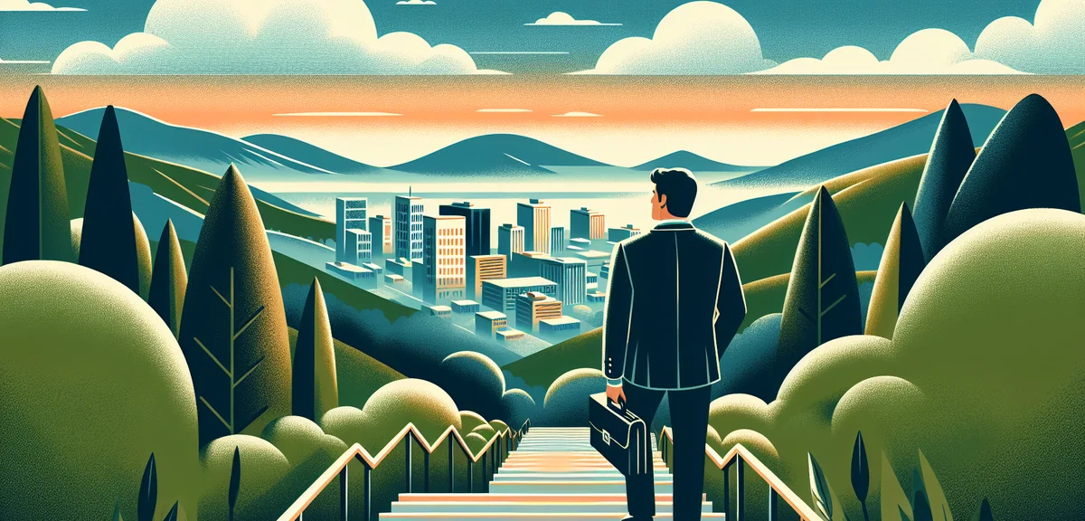 A man climbing a gentle staircase leading upward with a view of green hills and a small city in the 