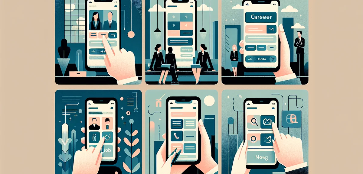 Four different smartphone screens each showing a different type of job site interface, arranged side