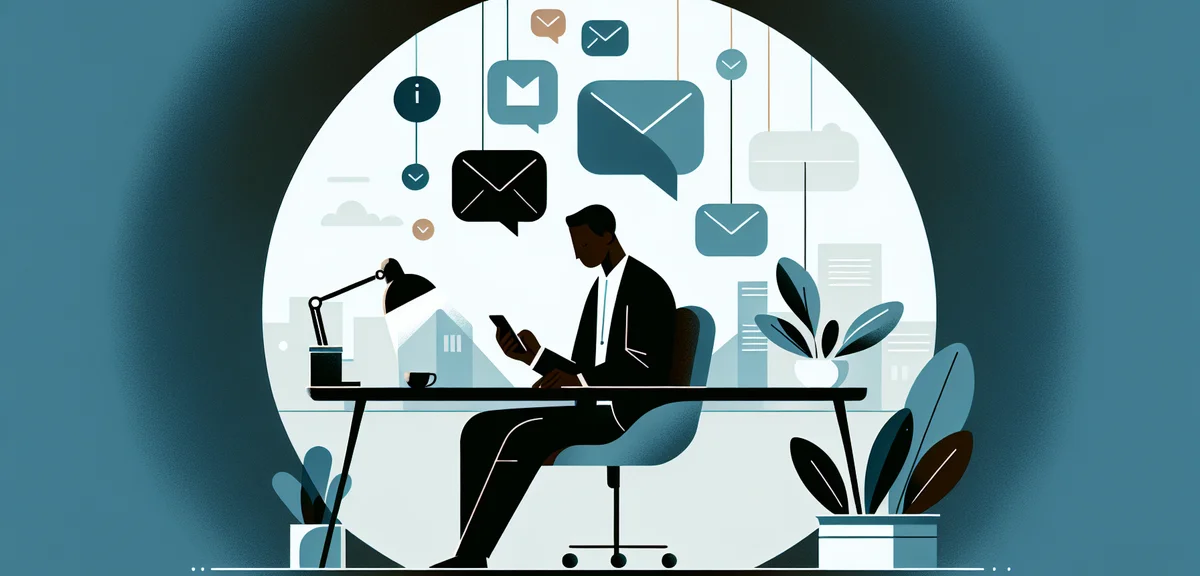 A person sitting at a desk checking notifications on a smartphone with envelope icons floating above