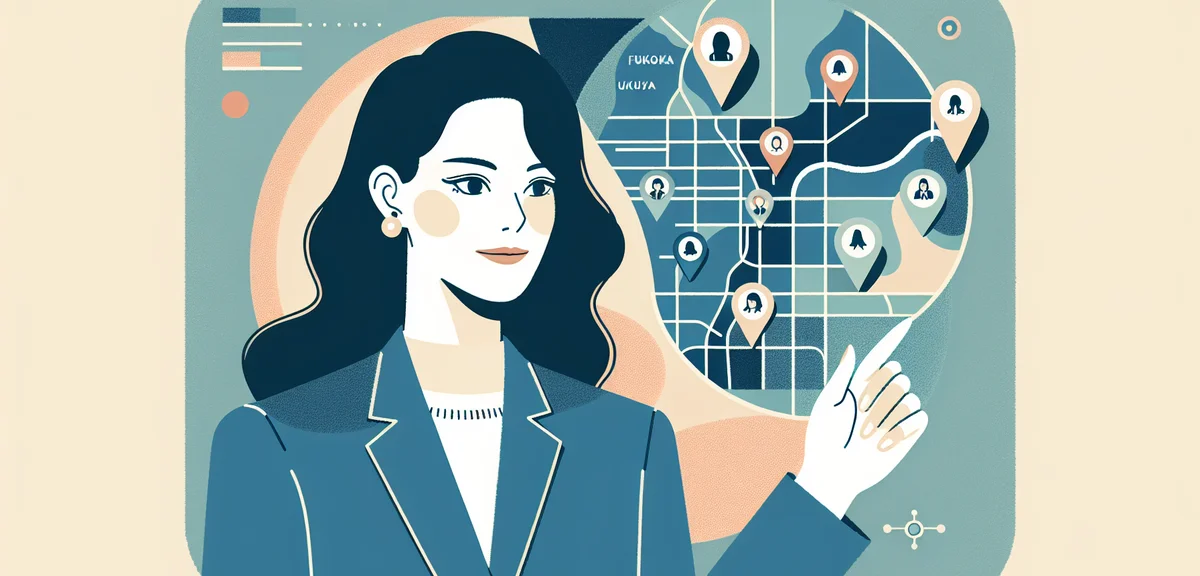 A map of Kyushu region with small pin markers indicating job locations, a person pointing at Fukuoka