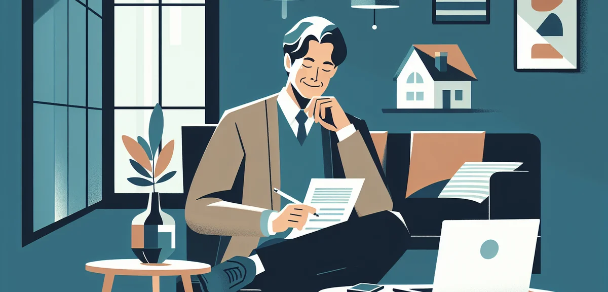 A person writing a checklist on paper with a satisfied expression, laptop open nearby showing a job 