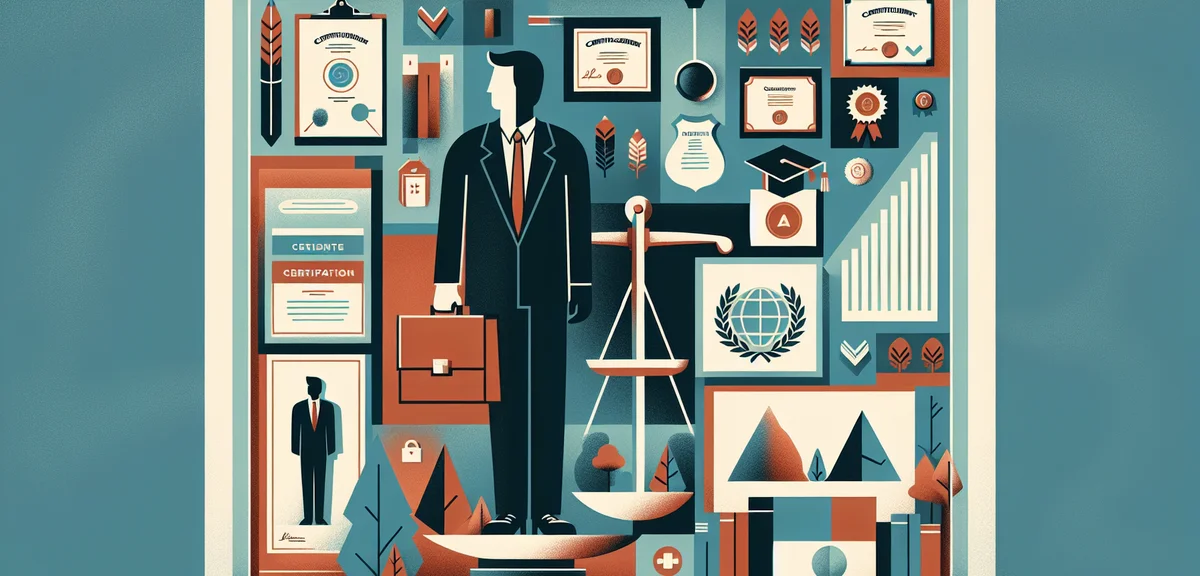 Several certification badges and diplomas floating around a balance scale weighing effort versus rew