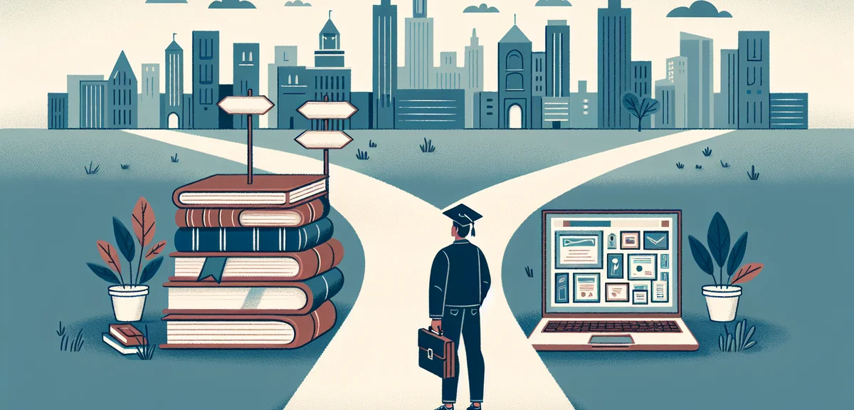 A person comparing two paths, one with stacked books and certificates, another with a laptop showing