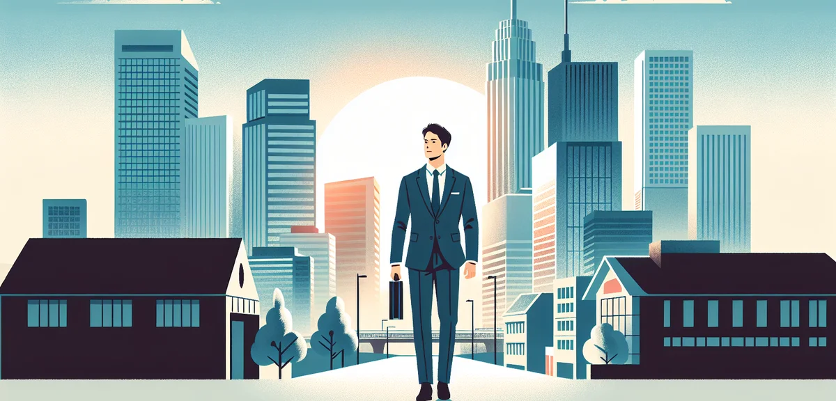 A small Japanese regional city skyline with office buildings and a person walking confidently toward