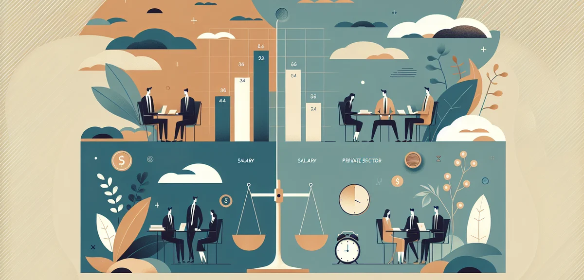A bar chart comparing public servant salary and private sector salary with a balance scale, simple f