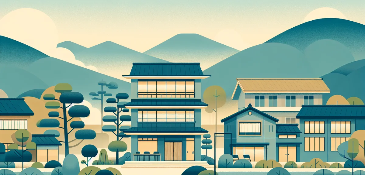 A small modern office building in a Japanese rural town with green hills in the background, warm and