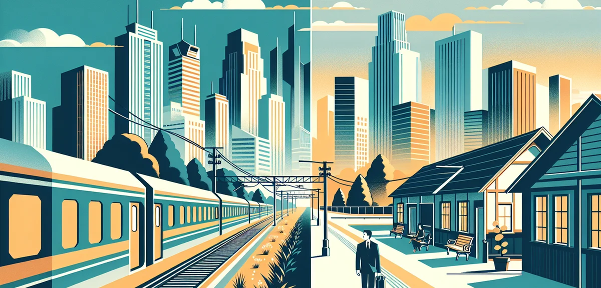 A split scene comparing city life (tall buildings, crowded train) and rural life (smaller buildings,