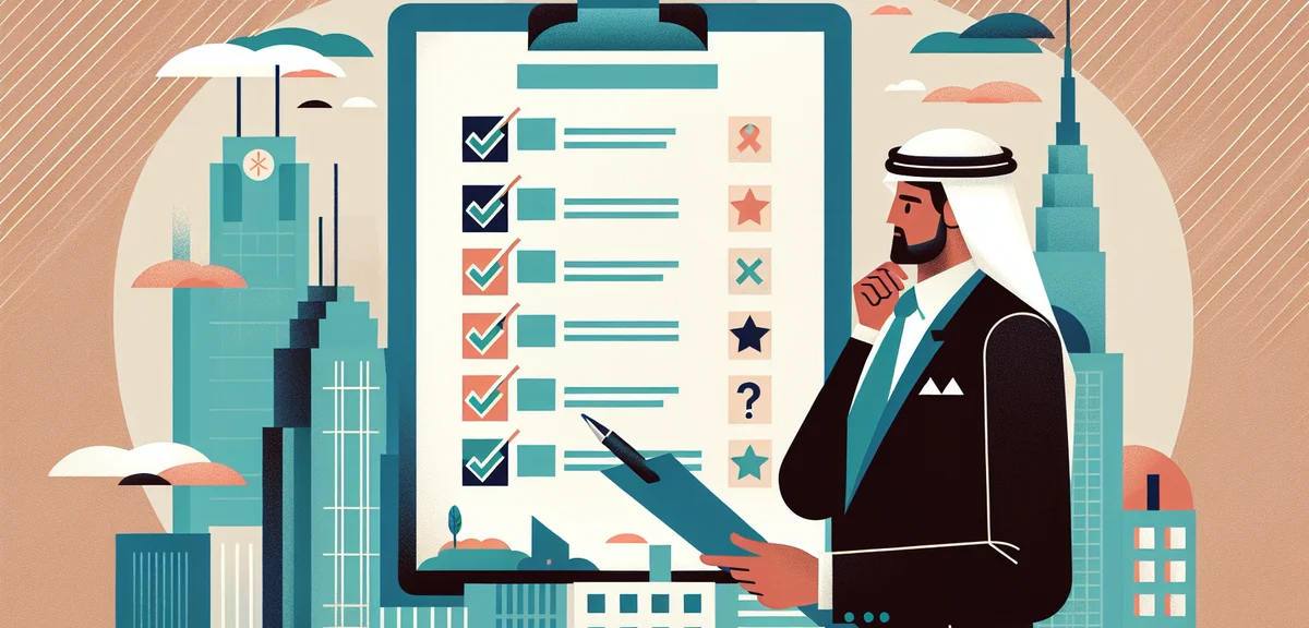 A checklist on a clipboard with checkmarks and question marks, a person reviewing it thoughtfully, f