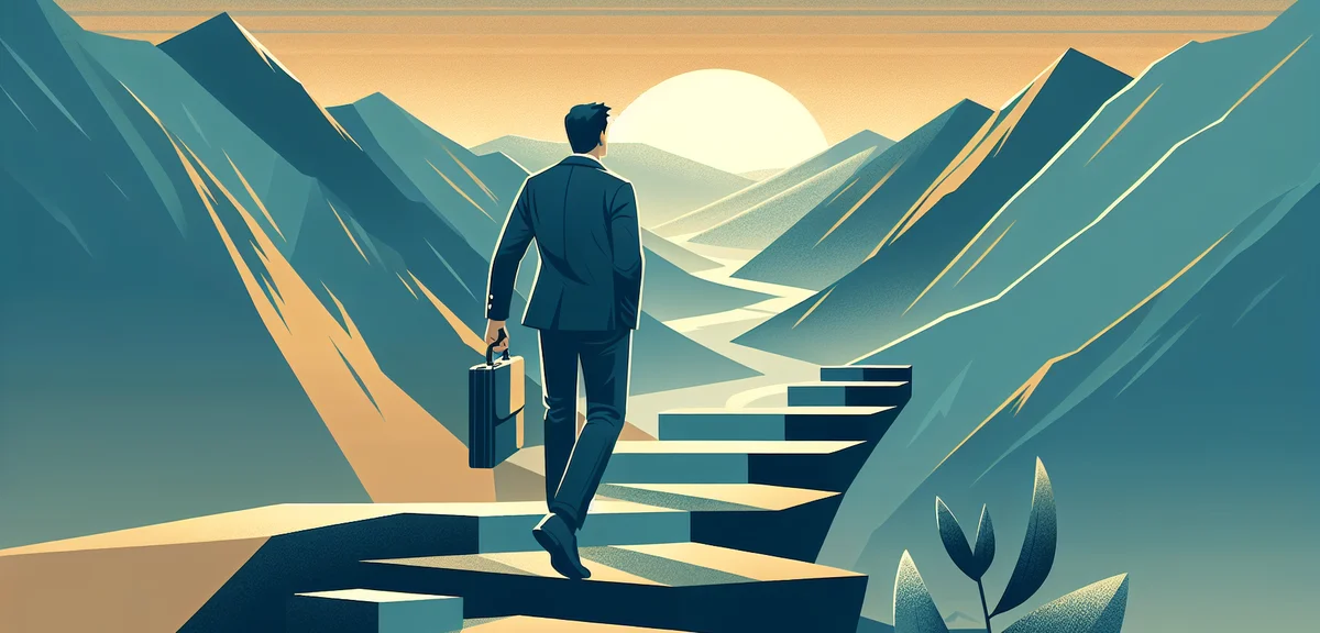 A person climbing steps upward from a valley, representing career recovery after setback, sunrise in