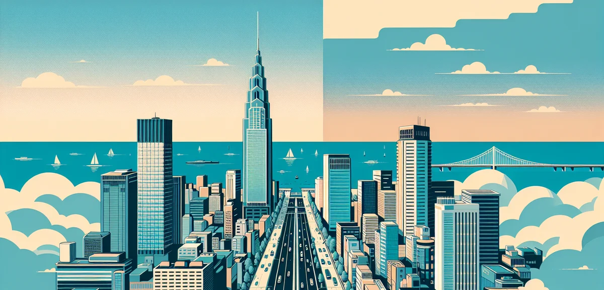 A split-screen view comparing a bustling Tokyo business district on the left and a calmer Fukuoka ci