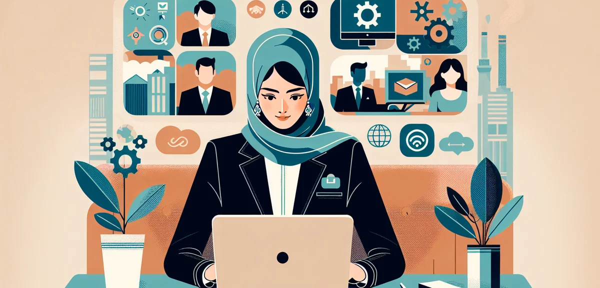 A person at a desk reviewing job listings on a laptop with industry icons floating above the screen 