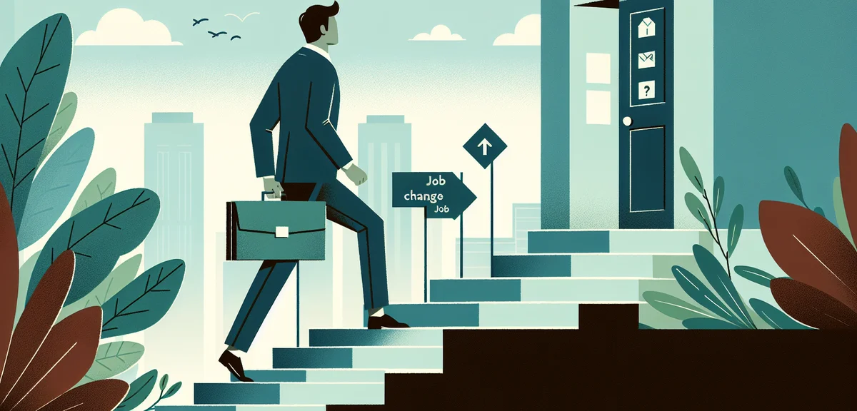 A person climbing steps labeled with job search milestones toward a door marked with a briefcase ico