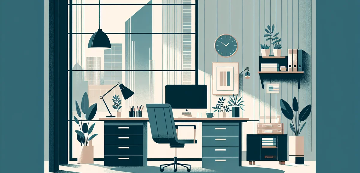 A modern office workspace in a Japanese regional city with a desk, computer, filing cabinet, and pot