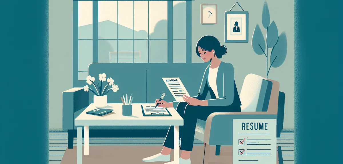 A person writing a resume at a desk with a checklist and pen, documents neatly arranged, in a bright