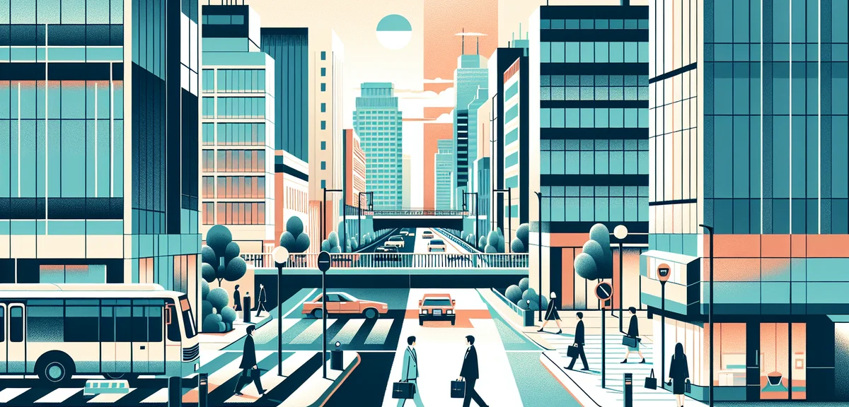 A split view showing a bustling Fukuoka city business district on the left and a quieter suburban of