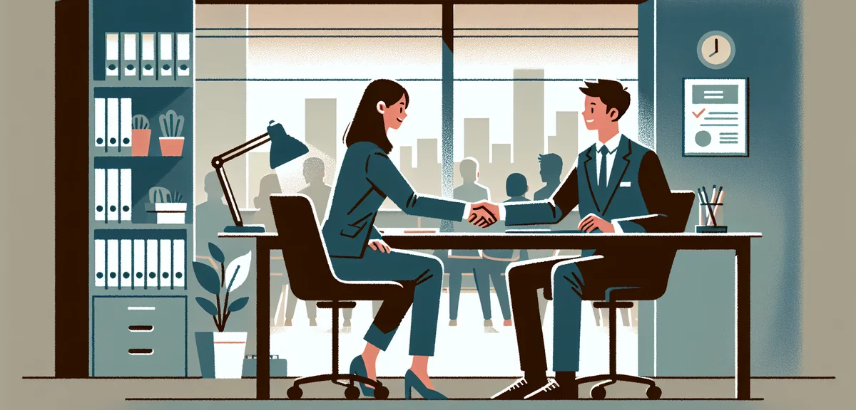 A person confidently shaking hands with an interviewer across a desk in a small Japanese office, fla
