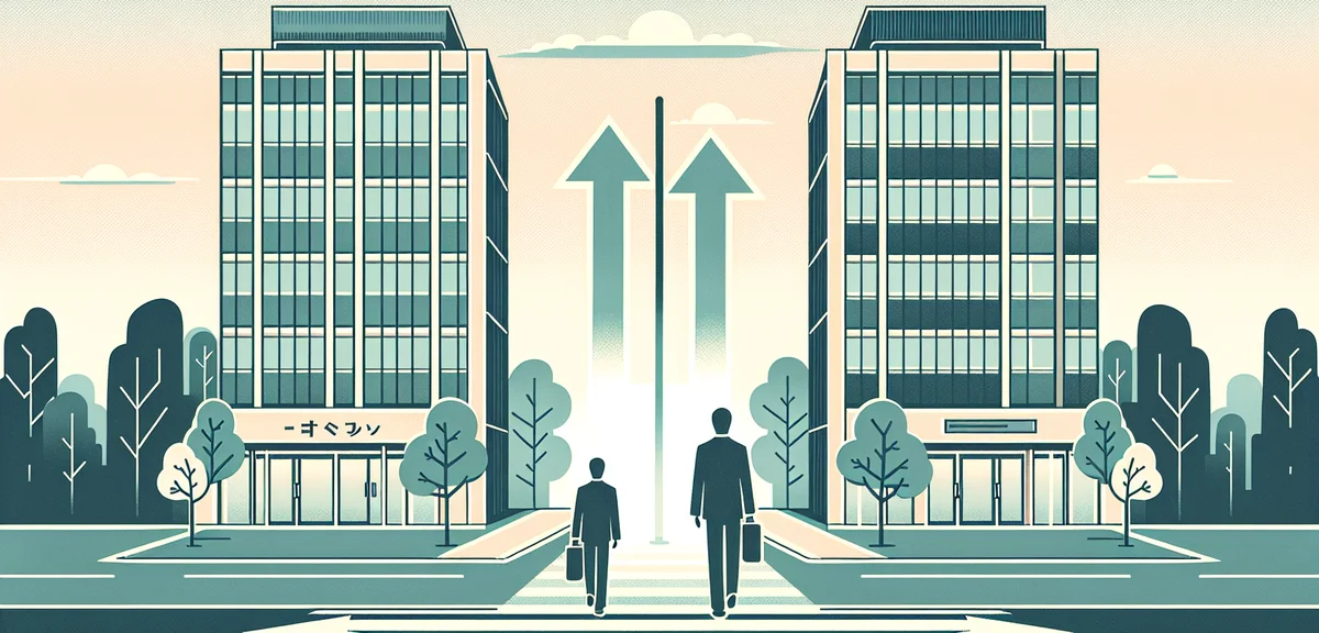 Two similar office buildings side by side with an arrow showing a person moving from one to the othe