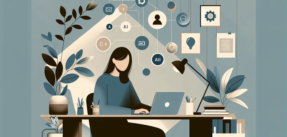 A person at a desk studying digital skills on a laptop with AI and web design icons floating above, 