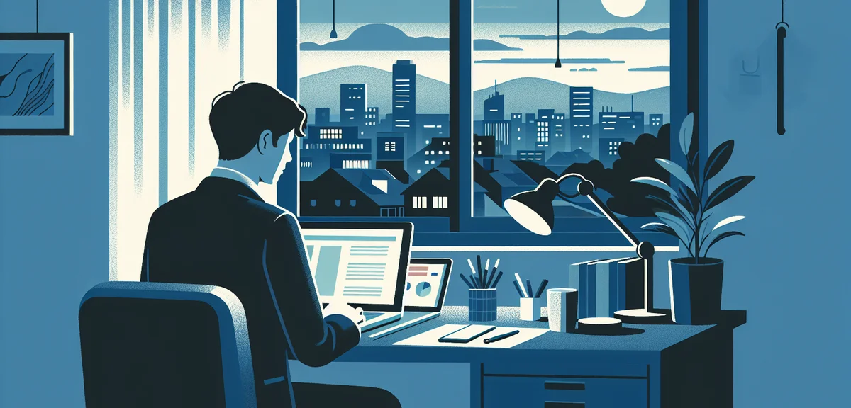 A person working on a side project at a home desk at night with a small city visible through the win