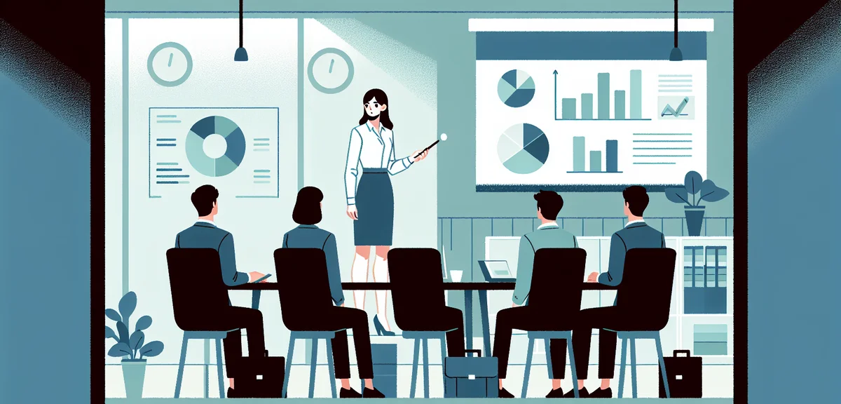 A professional presenting results confidently to colleagues in a small meeting room, Japanese region