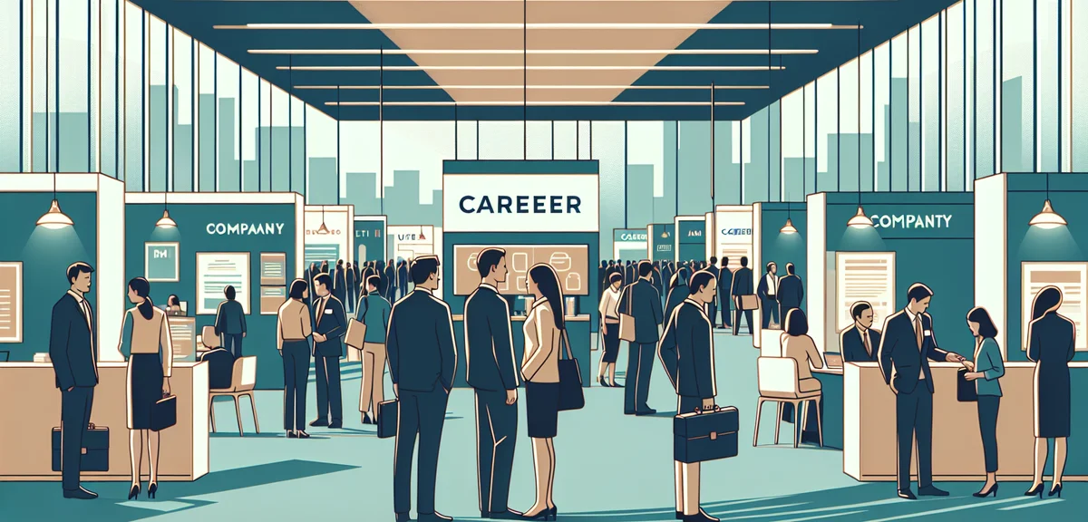 A panoramic view of a career fair hall with many company booths and visitors talking to recruiters, 