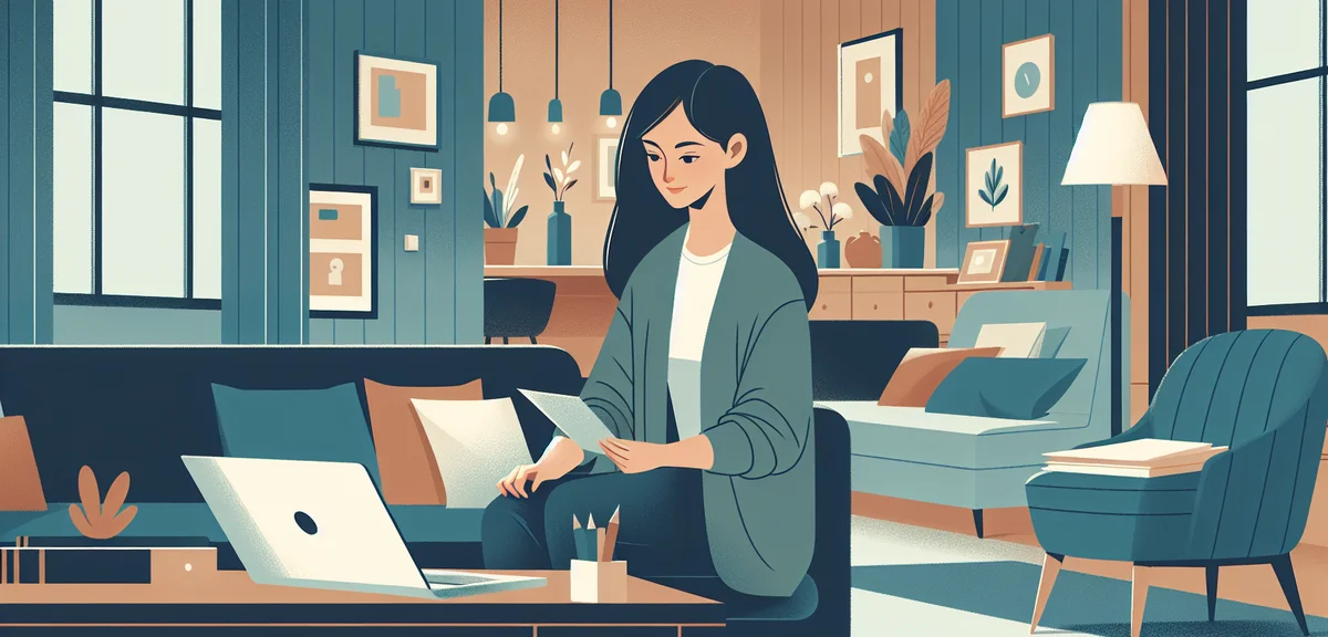 A person at home preparing documents and researching companies on a laptop before attending a career