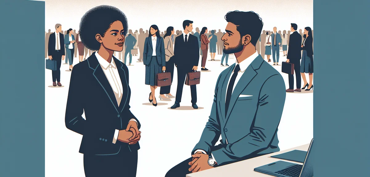 A professional having a focused conversation with a recruiter at a career fair booth, other attendee