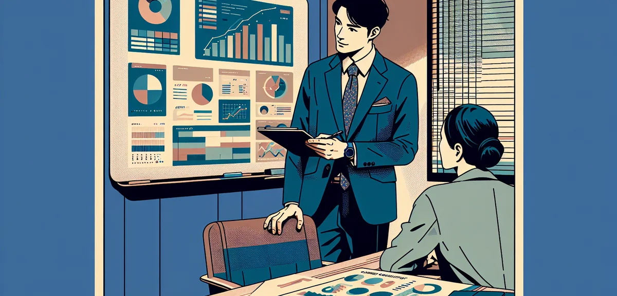 A business consultant analyzing charts and graphs on a whiteboard in a small office, warm muted colo