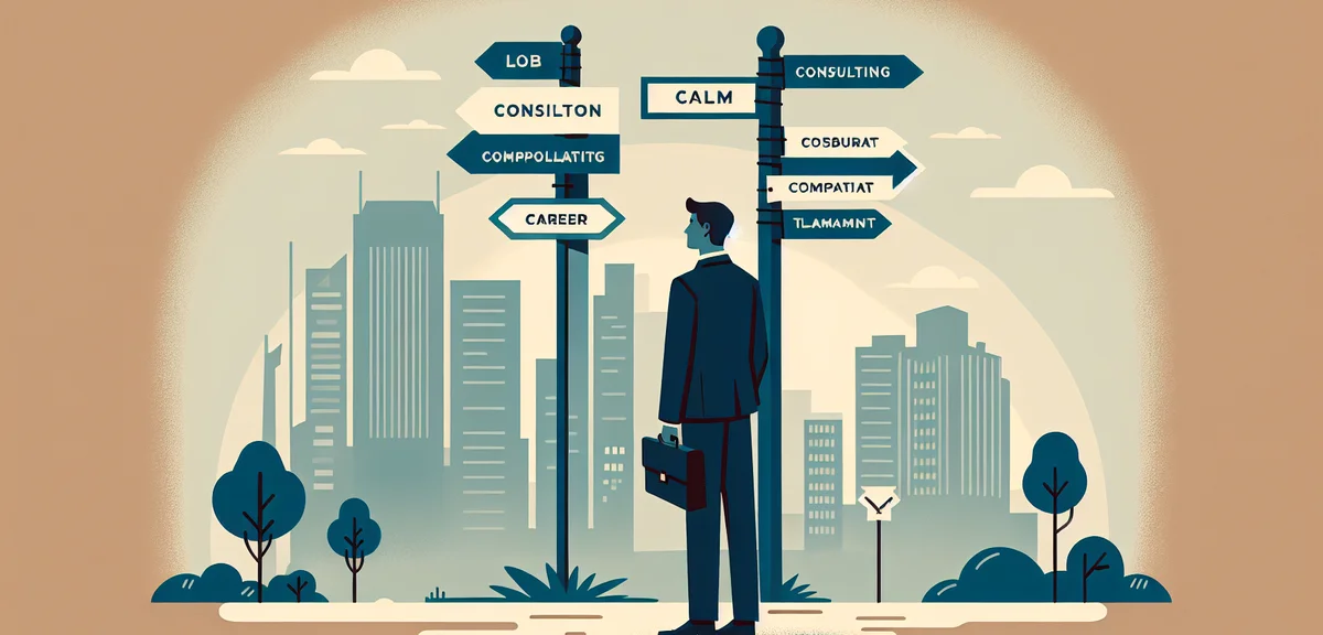 A person standing at a crossroads with signposts showing different career paths like consulting, cor