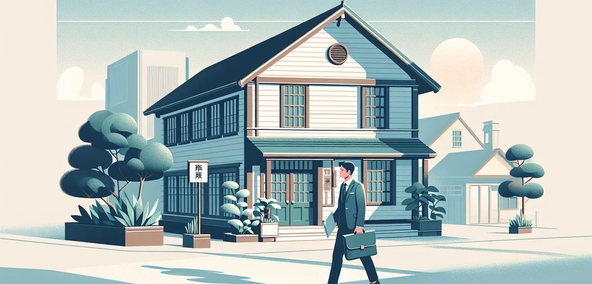 A small Japanese company building exterior with a person confidently walking toward it holding docum