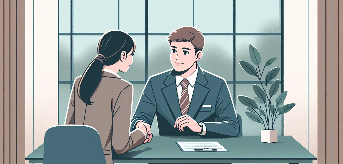 A person shaking hands with a recruiter across a desk, with trust and caution symbolized by warm and