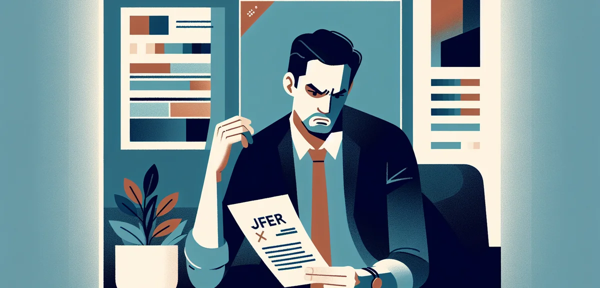 A frustrated man looking at a job offer letter with crossed-out salary numbers, muted disappointed t