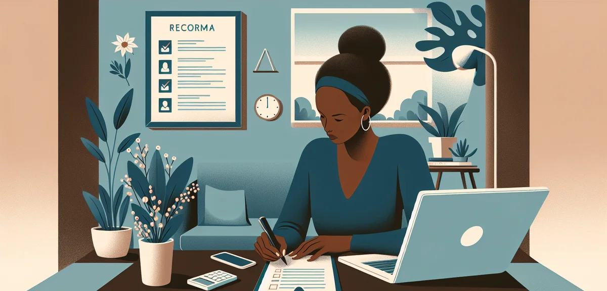 A person writing a checklist of criteria on a notepad with a laptop open to job listings, calm home