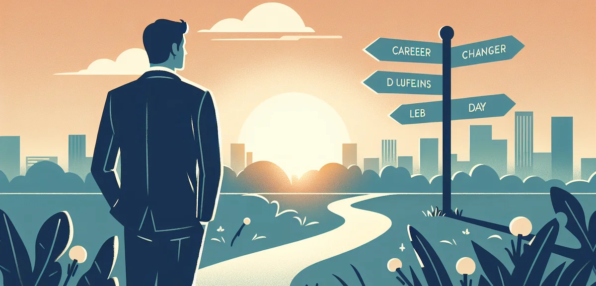 A man confidently walking forward on a path with signposts showing different career directions, sunr