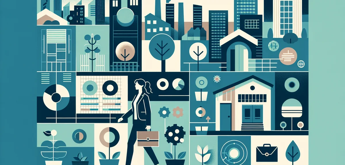 A clean infographic-style illustration showing different industry icons like factory, hospital, offi