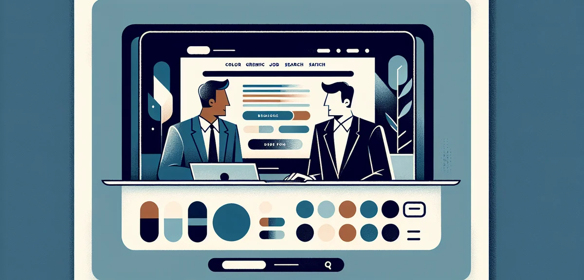 A split screen showing a job search website on a laptop on the left and a person talking to a career