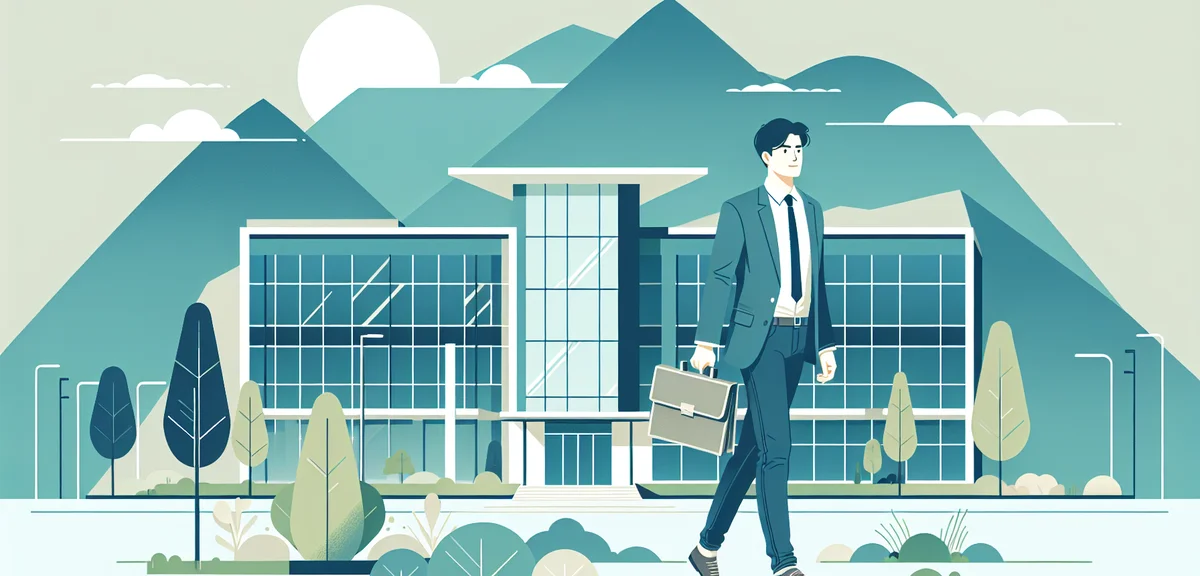 A person walking confidently toward a modern office building in a Japanese suburban area with mounta