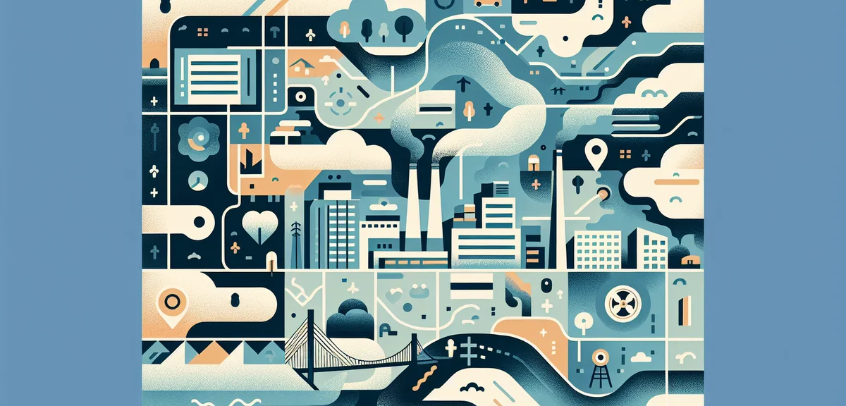 A flat illustration of a map of Fukuoka prefecture with small factory icons scattered across differe