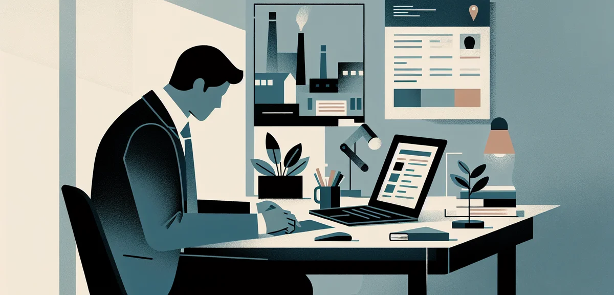 A flat illustration of a person at a desk comparing job listings on a laptop screen, with a small fa