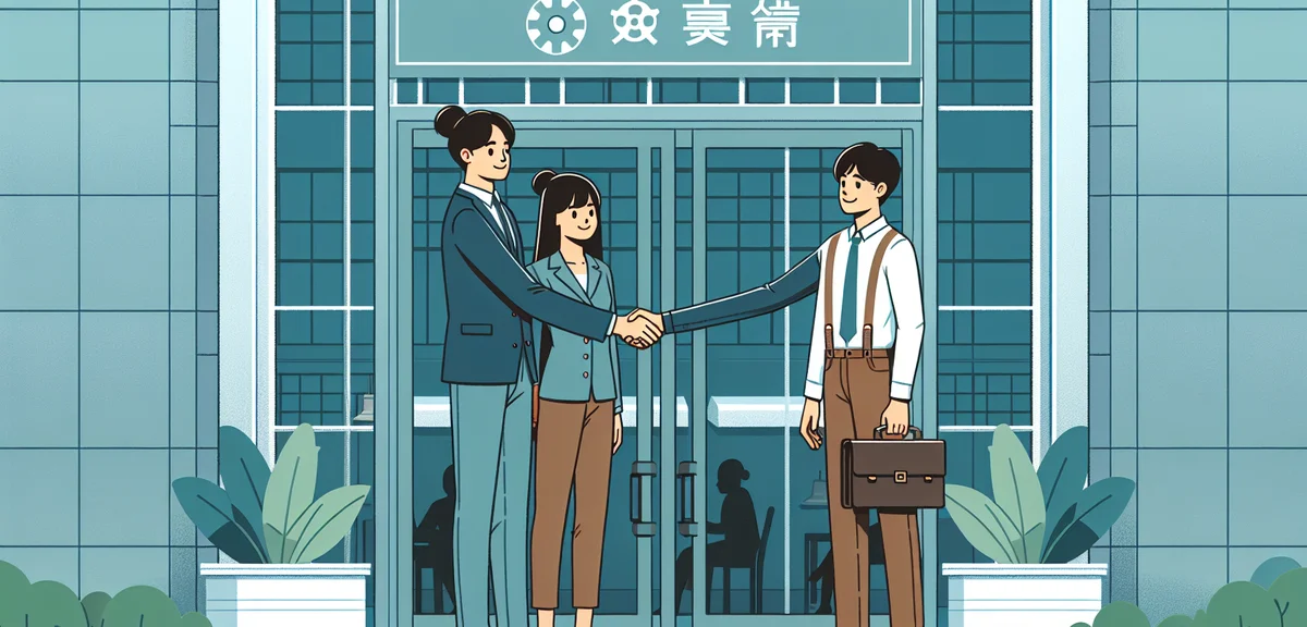 A flat illustration of two people shaking hands in front of a modern manufacturing company entrance,