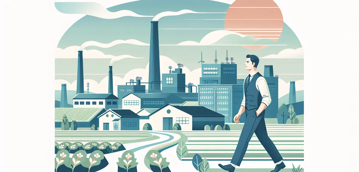A flat illustration of a person walking confidently toward a factory building in a Japanese rural se
