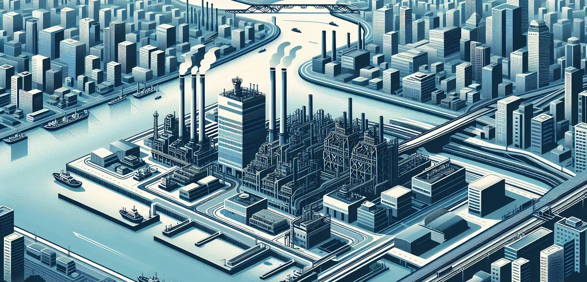 An aerial view of a Japanese industrial zone with steel factories and smokestacks near a harbor, cle