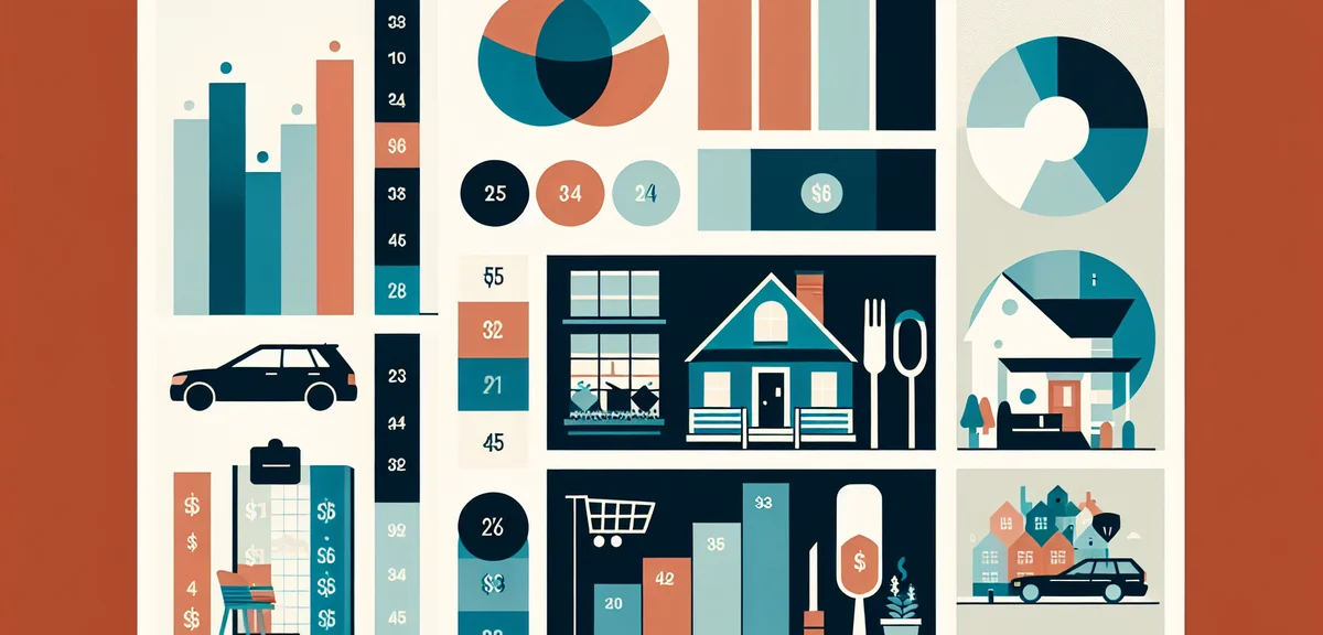 A simple comparison infographic showing cost of living items (house, car, groceries) with two column