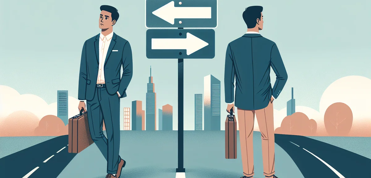 A Japanese businessman in casual business attire standing at a crossroads sign pointing to two diffe