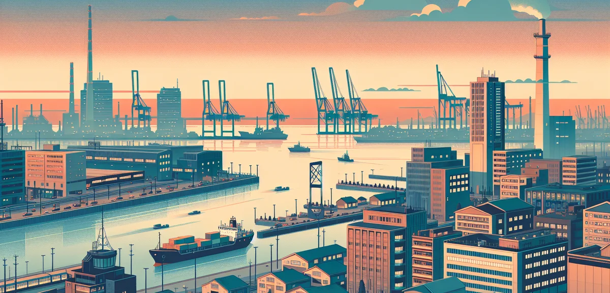 A calm Japanese port city skyline at sunset with industrial and residential buildings coexisting, en