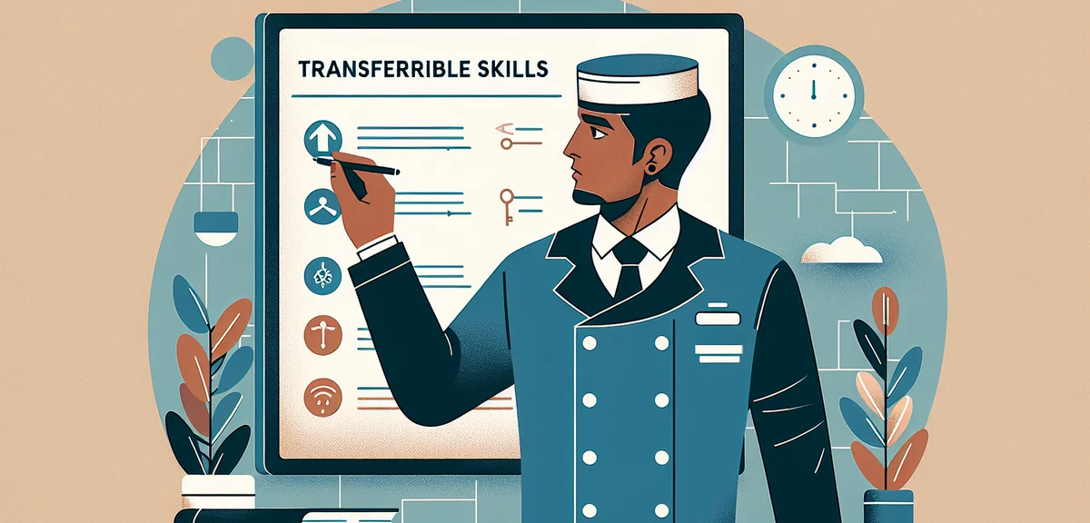 A person in a service industry uniform taking notes while looking at a whiteboard listing transferab