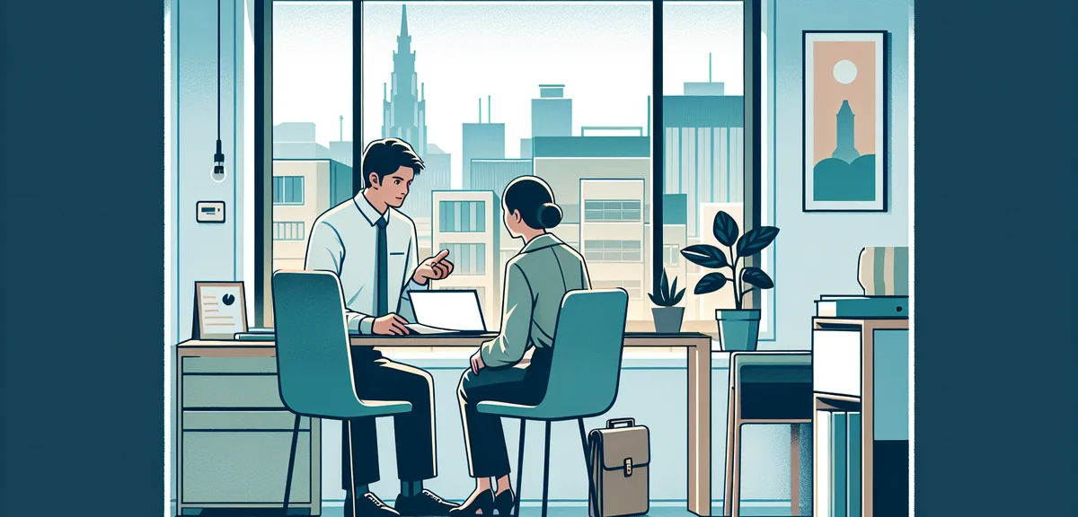 A person having a conversation with a career advisor in a small office, Fukuoka cityscape visible th