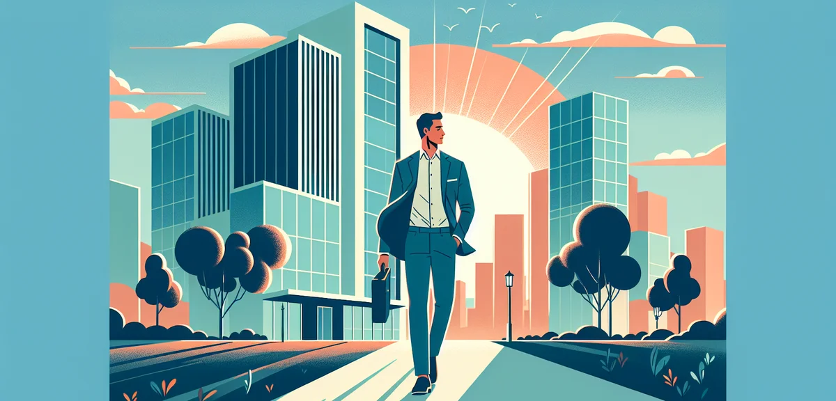 A person confidently walking toward a new modern office building with a sunrise in the background, f